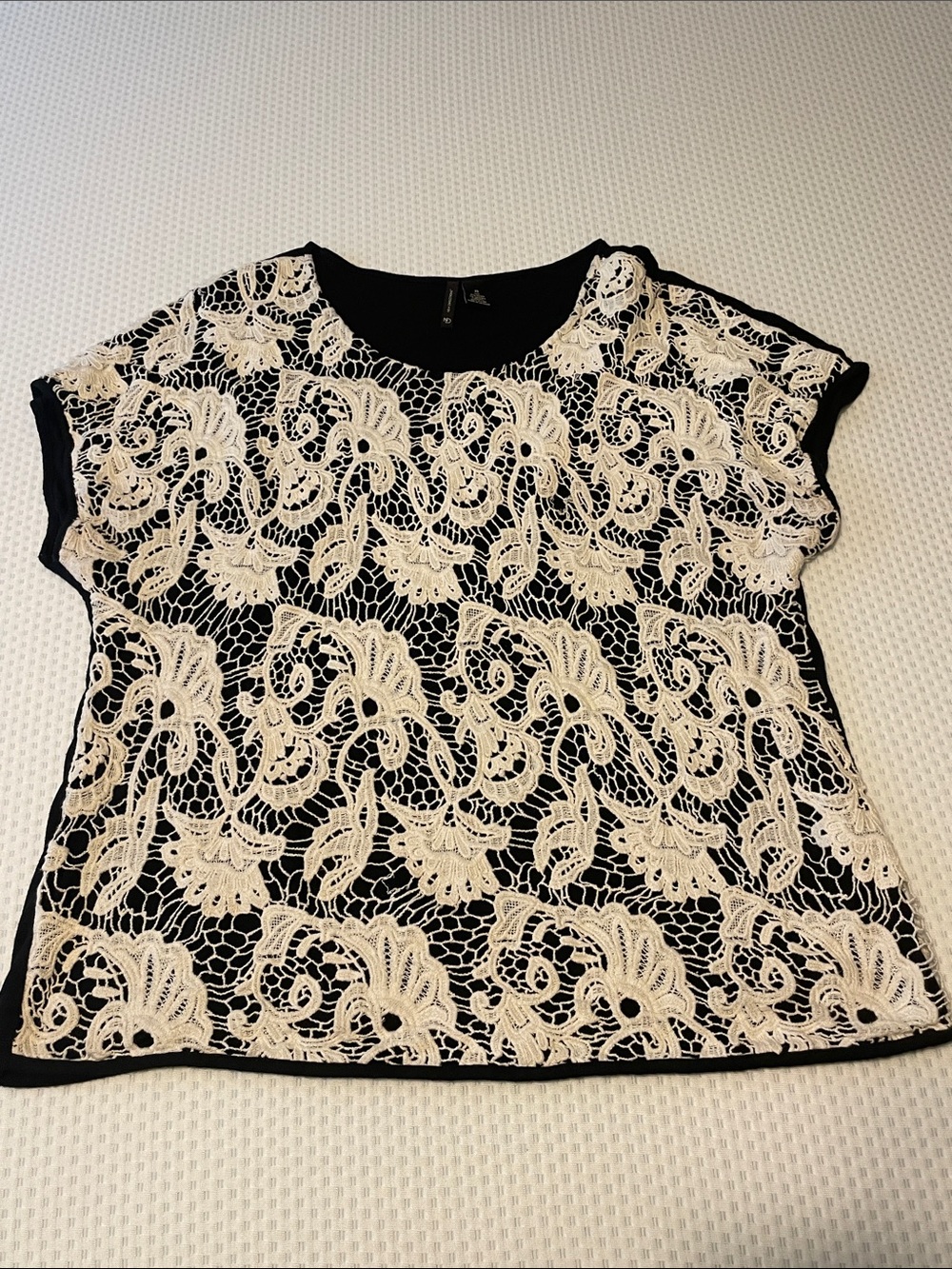 new directions Black Tee with Cream Lace Front